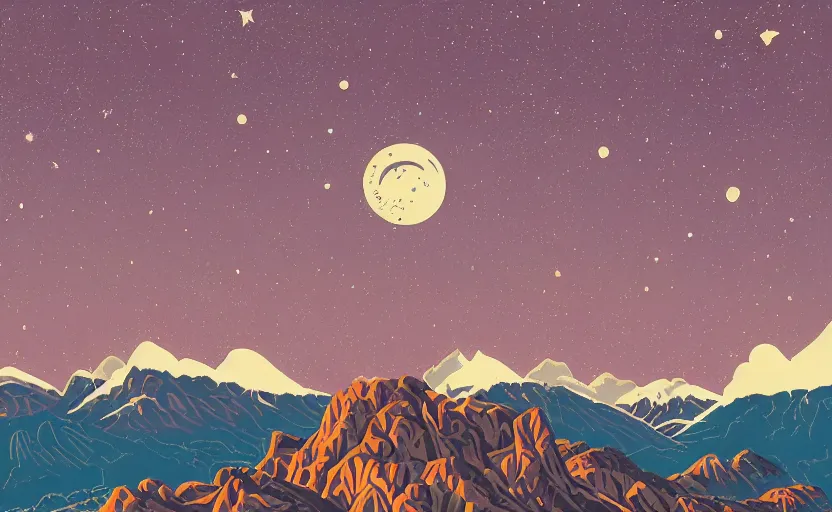 Prompt: mountains, stars and paisley filled sky, artstation, intricate, highly detailed, digital painting, concept art, sharp focus, illustration by Tom Whalen and James Jean