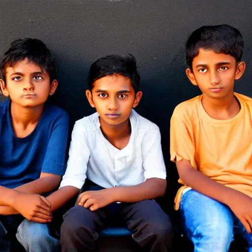 Image similar to one girl and three boys sitting together, they are siblings, black background, 8 0 mp photography, all are visible