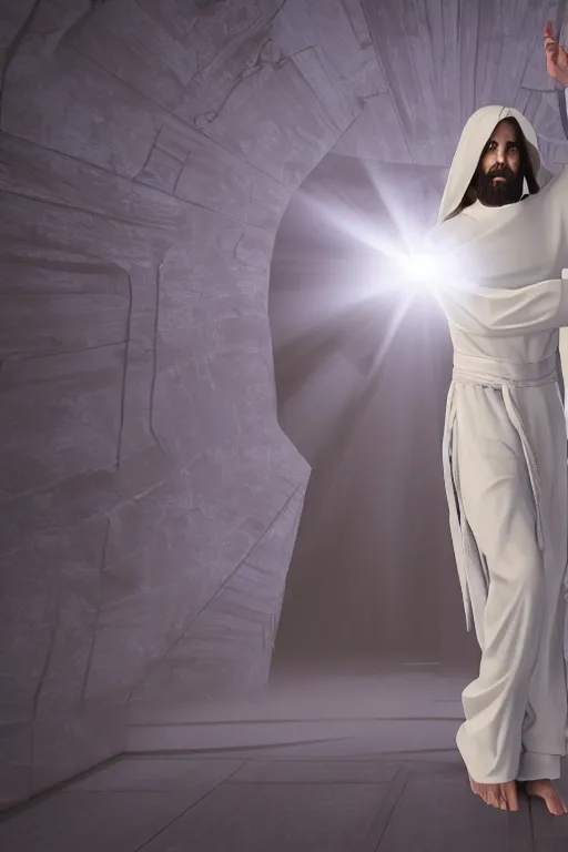 Prompt: jesus christ wearing a white robe strikes a dance pose in a hospital, intricate, hyper detailed, accent lighting, dramatic light, 4 k octane render