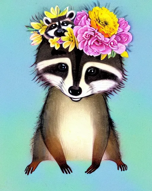 Image similar to a watecolor painting of a smiling happy cute raccoon wearing a flower crown, by antoine de saint - exupery and annabel kidston and naomi okubo and jean - baptiste monge. a child storybook illustration, muted colors, soft colors, low saturation, fine lines, white paper