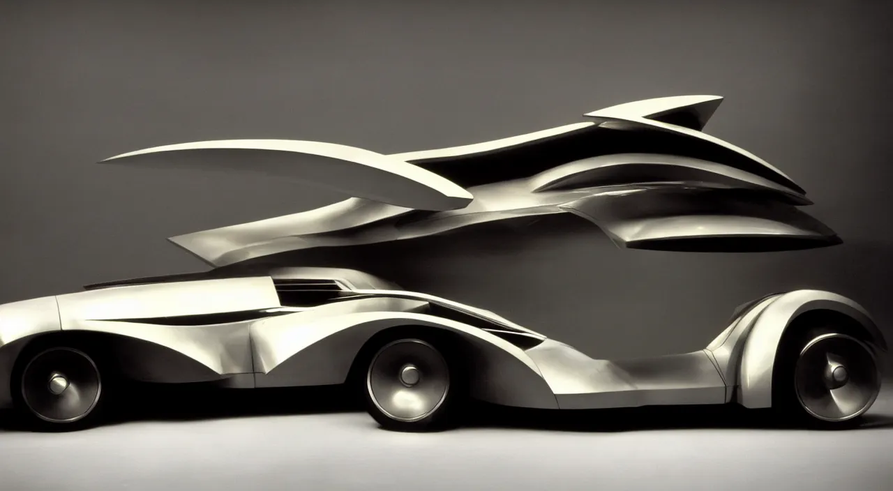 Prompt: high quality photo of a futuristic art deco car from a 60s sci-fi movie cinematic lighting caravaggio