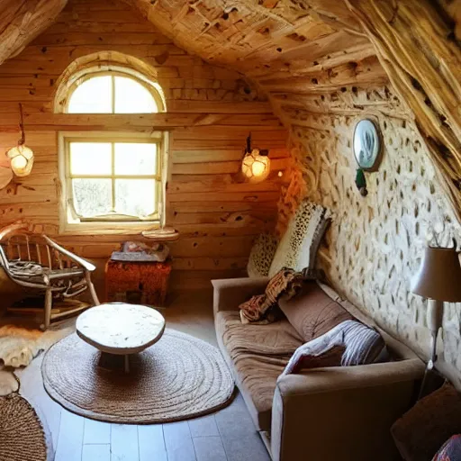 Image similar to photo of interior of cozy mushroom themed cottage