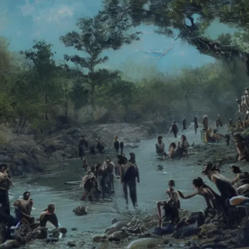 Prompt: a cinematic painting of alien tentacles emerging from the water of a river, hoards of people are gathering around the riverbed, fire blowing the leaves from the trees