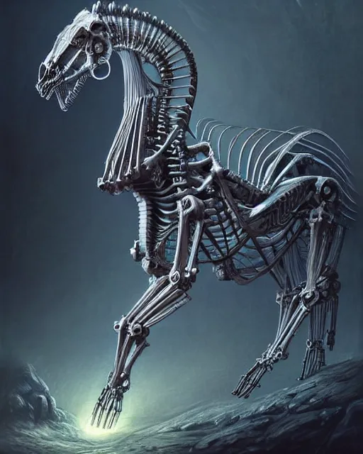 Image similar to fractal horse by giger, partially skeleton, partially robot, deep focus, d & d, dark fantasy, intricate glow accents, elegant, highly detailed, digital painting, artstation, concept art, matte, sharp focus, 8 k 3 d, hearthstone, art by artgerm and greg rutkowski and alphonse mucha