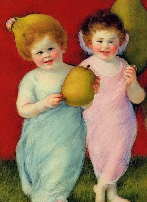 Prompt: vintage beautiful painting of two beautiful angels carrying a pear in heaven in Mary Cassatt style