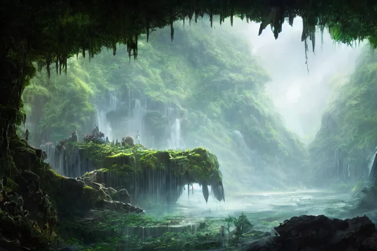 Prompt: a matte painting of a giant crystal skull in an underground cave , overgrown jungle , waterfalls , gorgeous composition , trending on artstation , in the style of greg rutkowski