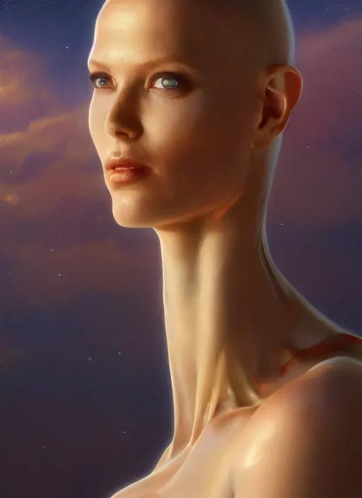 Prompt: biblical beautiful female android, transparent skin, bright glowing veins, in clouds, sunset, portrait, studio light, by gerald brom, by peter elson, muted colors, extreme detail, reflections, trending on artstation, 8 k