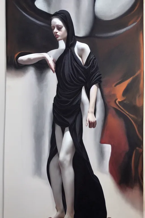 Prompt: hyperrealism mixed with classicism, oil painting, close - up portrait of fashion model, abstract and surrealism painting instead of skin, fully clothes in black reflect robe, complete darkness, in style of classicism mixed with 8 0 s sci - fi hyperrealism