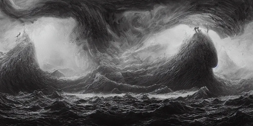 Prompt: a giant 🐙 colossus in the raging storm, prehistoric landscape, darkness, drawn by nicholas delort!!! and gustave dore, frank miller, nicholas delort, graphic black and white, hatching, low camera, wide angle, centered composition, golden ratio