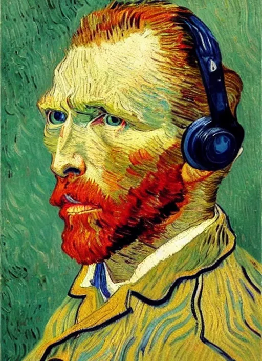 Image similar to lifelike oil painting self - portrait of van gogh wearing headphones