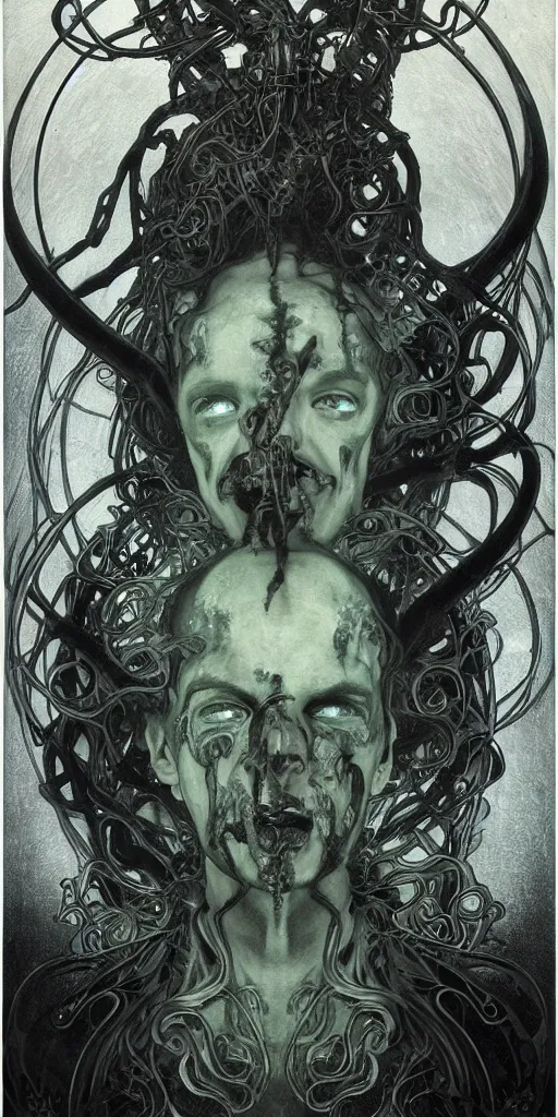 Image similar to intense glowing angry pagan god with tentacles and horns and intense pure black eyes and a blood skull in very dark chrome metal cathedral by karol bak and alphonse mucha and beksinski, portrait, fantasy, clear, light beams, lens flare, intense, uhd, amazing depth, cinematic lighting, shining chrome and black and cyan