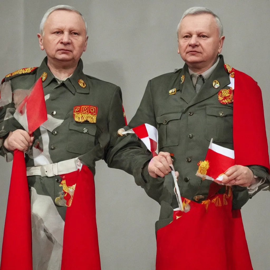 Image similar to Jaroslaw Kaczynski wearing a german uniform with a Polish flag on his left and a communist flag on his right