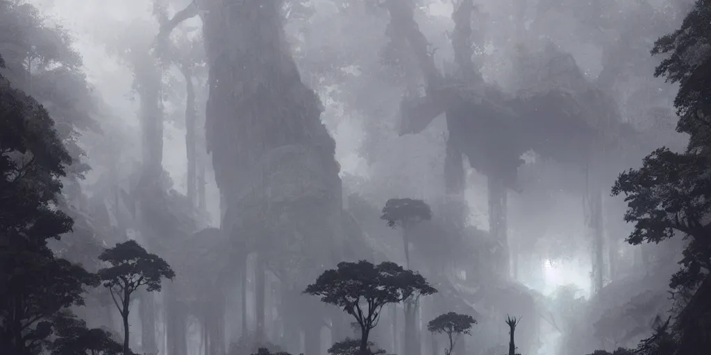 Image similar to An colossus towers above a forest canopy, stormy sky, lightning, digital art by Greg Rutkowski and Studio Ghibli, Shadow of the Colossus