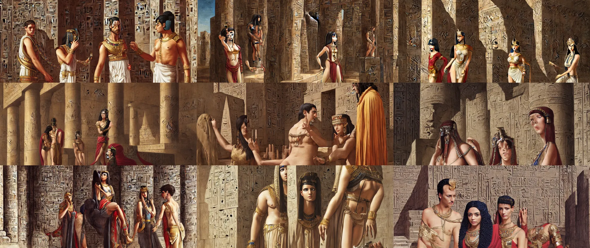 Prompt: Cleopatra meets Julius Caesar in glorious Egyptian temple, symmetrical face, beautiful eyes, fine art, high quality realist painting, realism, semi realistic anime, museum quality work, digital art, art style of John Collier, Moebius, Studio Ghibli, hyperrealistic, detailed, cinematic, widescreen, 4K