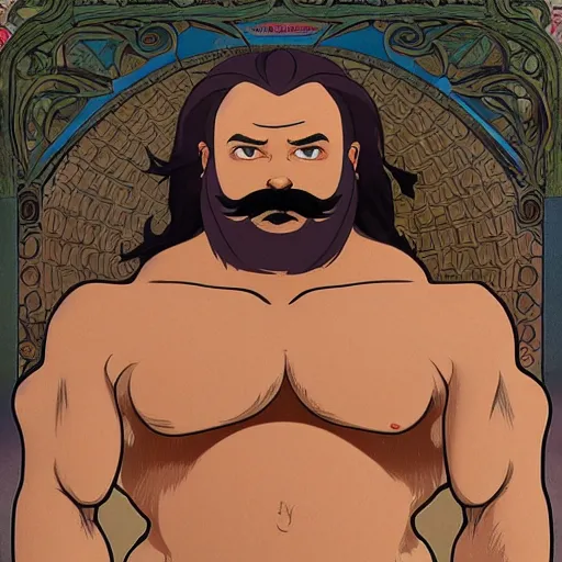 Image similar to a middle - aged man with bulk muscles and black hair consists of an unruly, mostly swept - back mane and waist - length fu manchu mustache and spiked goatee, path traced, highly detailed, high quality, digital painting, by studio ghibli and alphonse mucha, leesha hannigan, hidari, disney