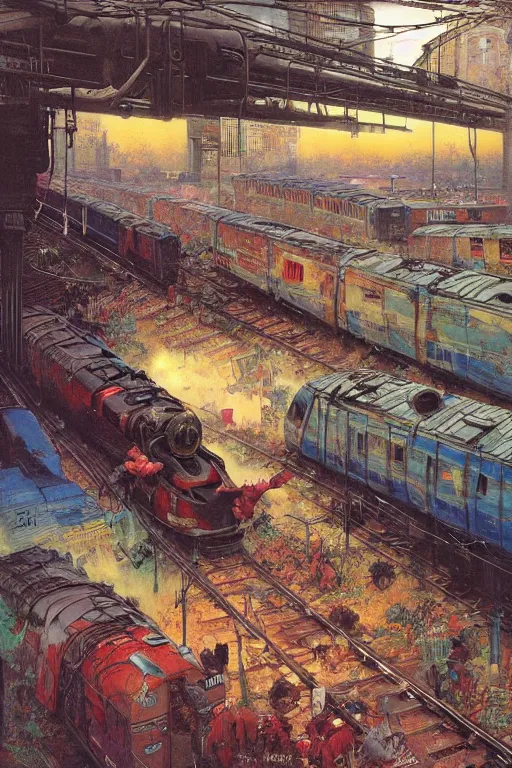 Prompt: trains covered in dripping graffiti paint, by lawrence alma tadema and zdzislaw beksinski and norman rockwell and jack kirby and tom lovell and greg staples and hiroshi yoshid and moebius and loish and artgerm, painterly, symmetrical, ultra detailed, hyper realistic, illustration, sunset lighting