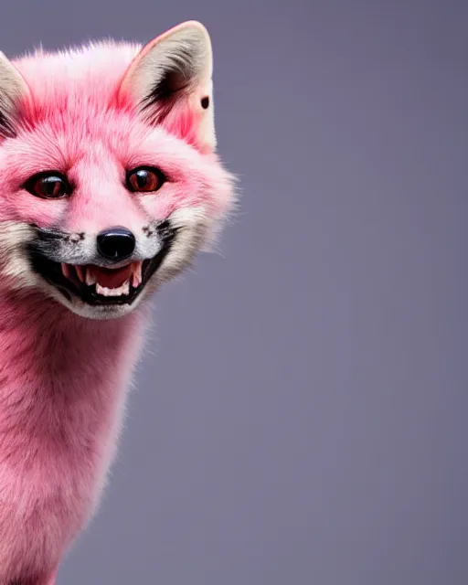 Prompt: pink shaved fox, portrait, blue background, 8 k, 8 5 mm f 1. 8