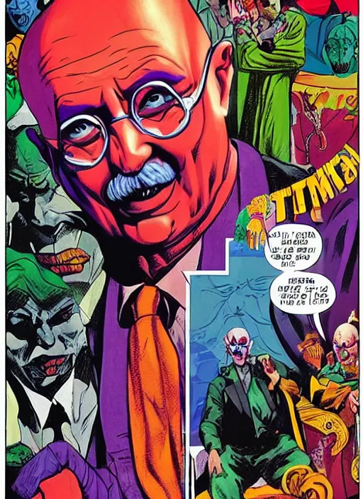 Image similar to Ghandi as the Joker from batman, comic book cover art, bright colourful, detailed, slightly sinister