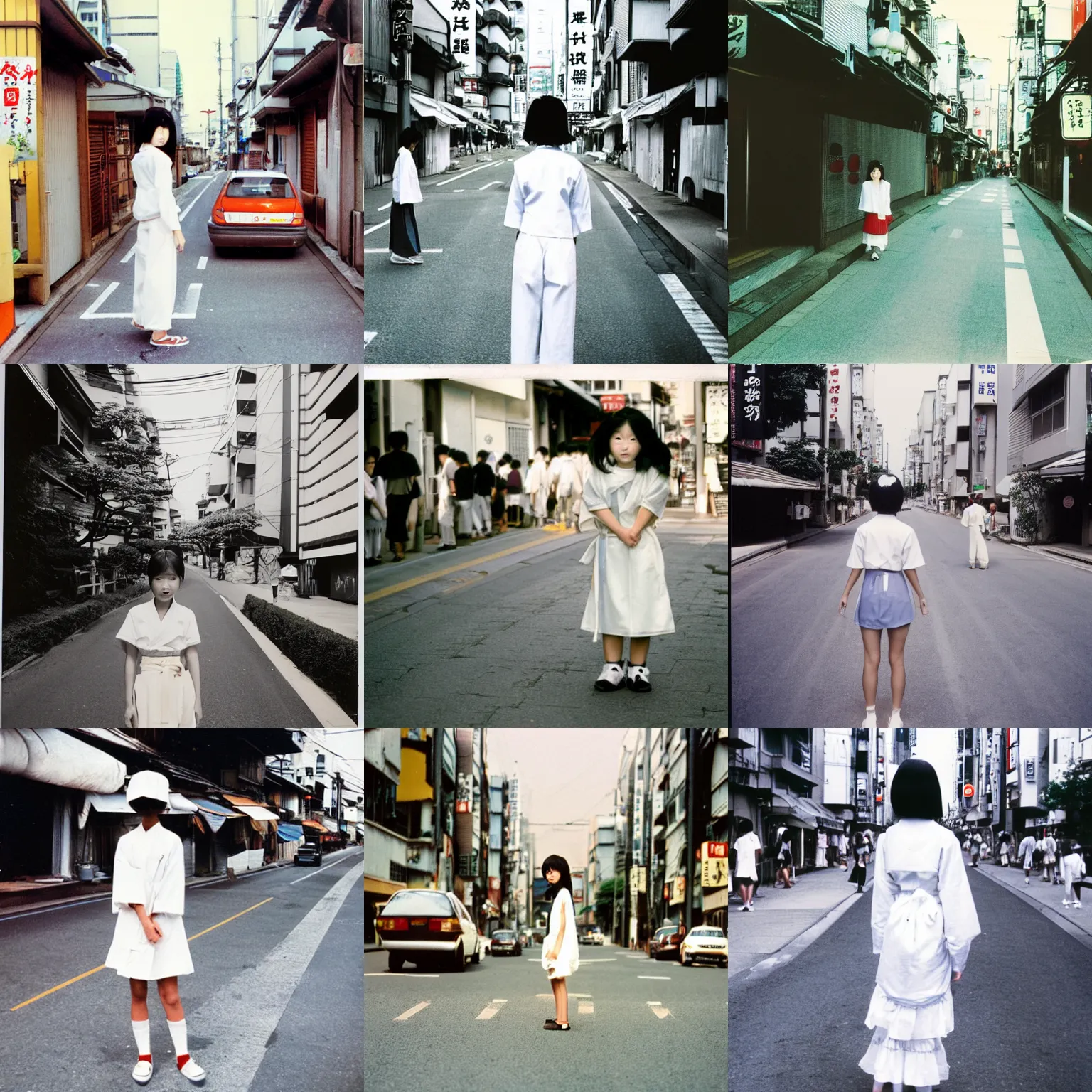 Prompt: 90's Japanese photo, long view, a girl in white standing on the street, look for cam, summer, Professional Photography,