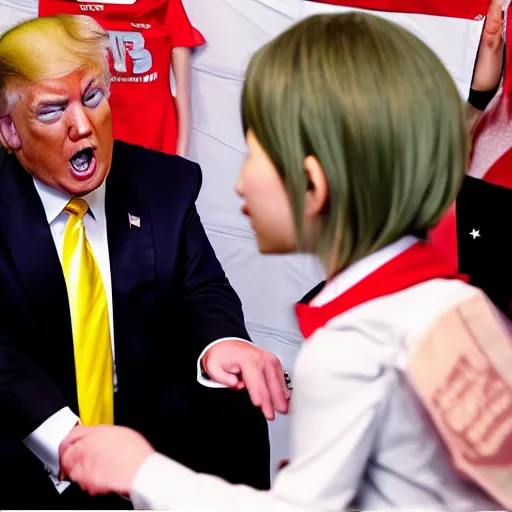 Prompt: donald trump talks to anime girls, professional photo