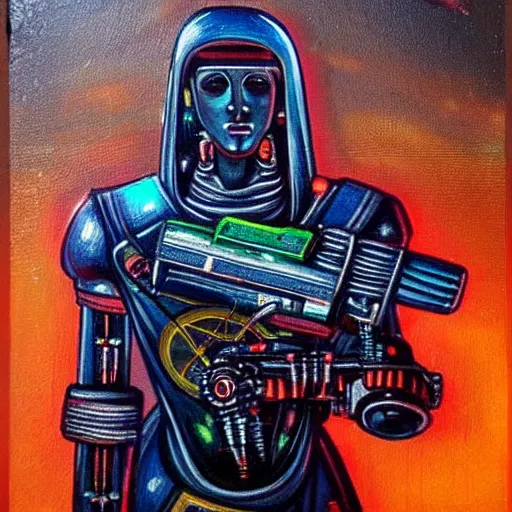 Image similar to beautiful detailed religious oil painting of robotic cyberpunk jesus with a gun in a neon city