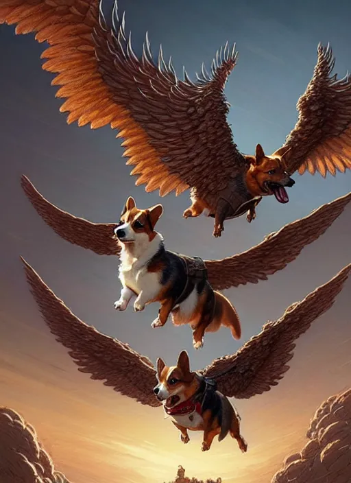 Prompt: masterpiece concept art, three corgis with wings, by greg rutkowski and geof darrow, 8 k, intricate detail, cinematic lighting