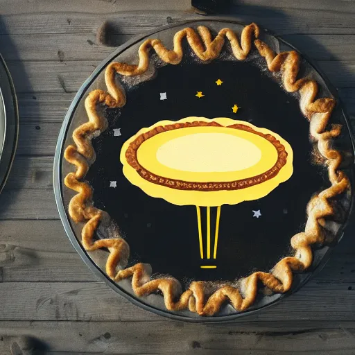 Prompt: UFO shaped like a pie invading a small town in europe