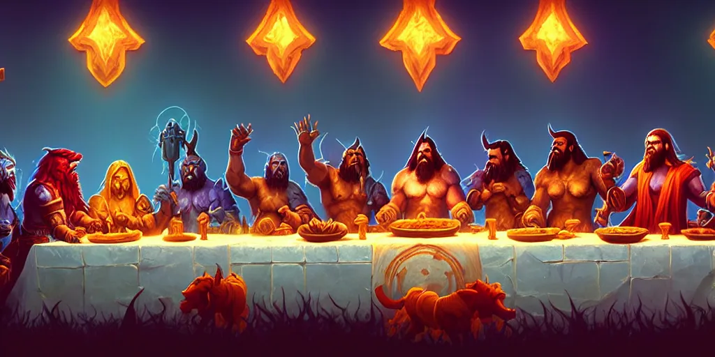 Prompt: world of warcraft last supper by beeple and greg rutkowski, digital painting, trending on artstation, sharp focus, 4 k