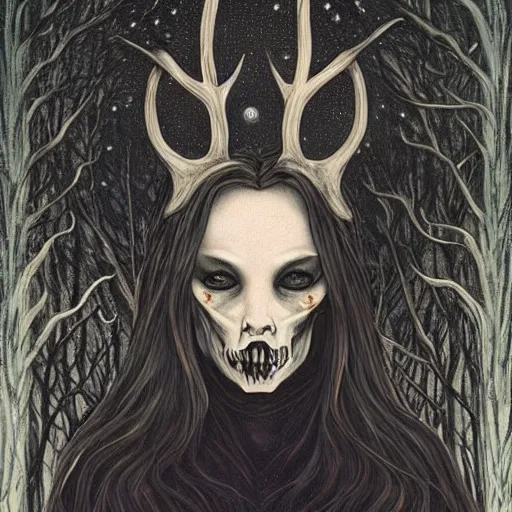 Image similar to an epic horrific wiccan gothic painting of a mother - nature witch cult woman wearing a deer skull, in a moonlit forest by gerald brom by junji ito by vanessa lemen by charlie bowater