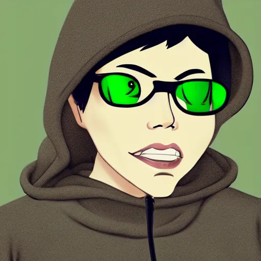 Prompt: woman with freckles, hoop nose ring, wearing glasses, short brown hair, green eyes, wearing a grey hooded sweatshirt, trending on artstation, gorillaz art style