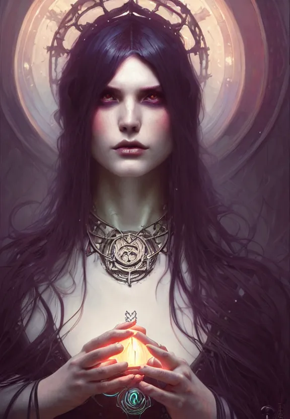 Image similar to Necromancer Sorceress in center, fantasy magic, undercut hairstyle, dark light night, intricate, elegant, sharp focus, illustration, highly detailed, digital painting, concept art, matte, art by WLOP and Artgerm and Greg Rutkowski and Alphonse Mucha, masterpiece