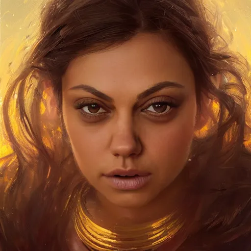 Prompt: closeup portrait of mila kunis as a beautiful radiant queen, crown, serene colors, lake background, complimentary contrast, dramatic lighting, masterpiece, high contrast, painted by stanley lau, painted by greg rutkowski, painted by stanley artgerm, digital art, trending on artstation