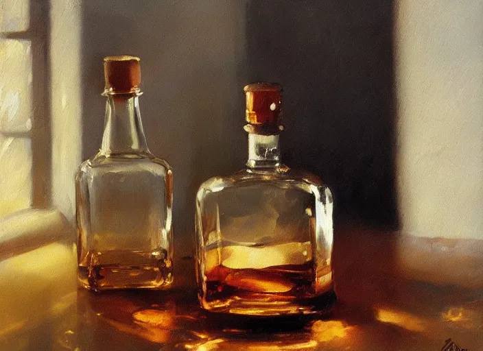 Prompt: oil painting of whiskey bottle, art by anders zorn, wonderful masterpiece by greg rutkowski, beautiful cinematic light, american romanticism by greg manchess, reflections in copper, sunlight, dust and steam