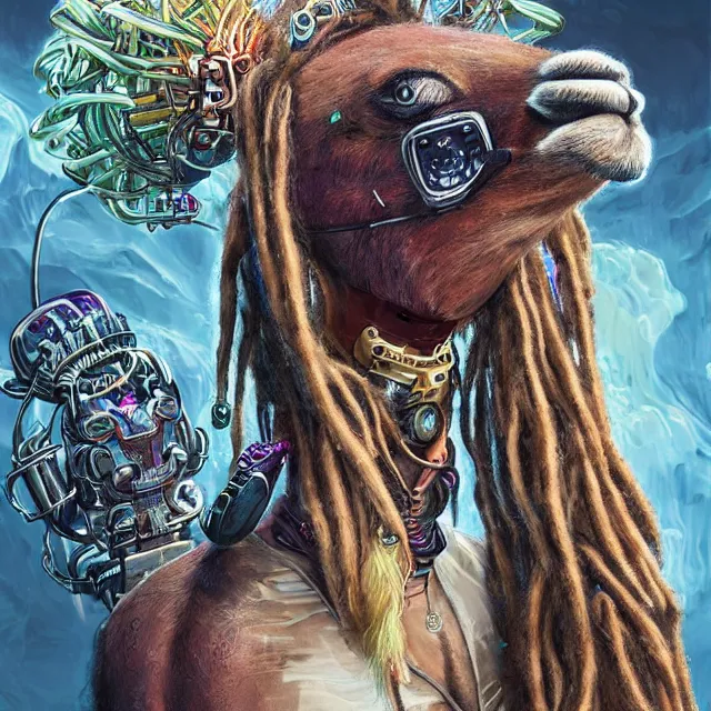 Image similar to llama with dreadlocks, cyberpunk, by mandy jurgens, ernst haeckel, james jean