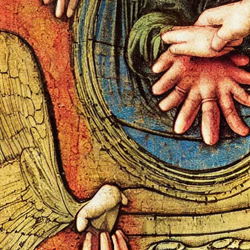 Prompt: detail over the lily and hands in the annunciation by da vinci in bright colors