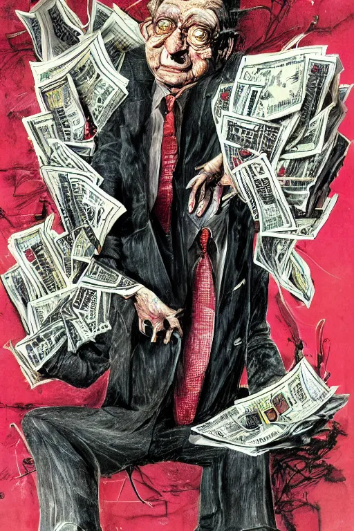 Image similar to George Soros full body shot, dollar bills Body horror, biopunk, by Ralph Steadman, Francis Bacon, Hunter S Thompson