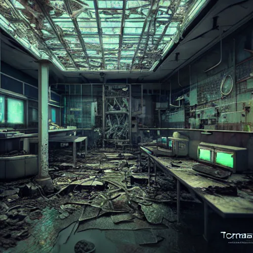 Prompt: flooded, desecrated, abandoned, cyberpunk science lab, ultra realistic, concept art, intricate details, eerie, highly detailed, photorealistic, octane render, 8 k, unreal engine, art by thomas dubois