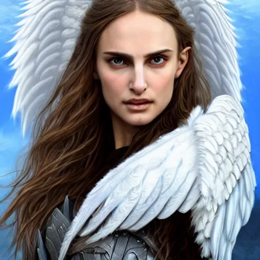 Image similar to portrait of young aasimar angel valkyrie warrior girl maiden wearing comfy leather armor with beautiful feathered angel wings, blue eyes, beautiful face, Natalie Portman, Emily Ratajkowski, innocent, intricate, elegant, highly detailed, ultradetailed, hyperdetailed, artstation, concept art, smooth, sharp focus, illustration, art by artgerm and greg rutkowski and Rossdraws and Bluesssatan and Mandy Jurgens