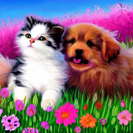 Image similar to cute fluffy animal friends puppy and kitten together in field of flowers detailed painting 4k