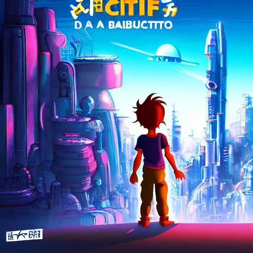 Image similar to film poster, an adventurous boy ( facing the camera ) and his small robot friend, futuristic city backgrond, eleborate composition with foreground and background, depth of field, fantasy illustration by kyoto studio, don bluth!!!, square enix, cinematic lighting