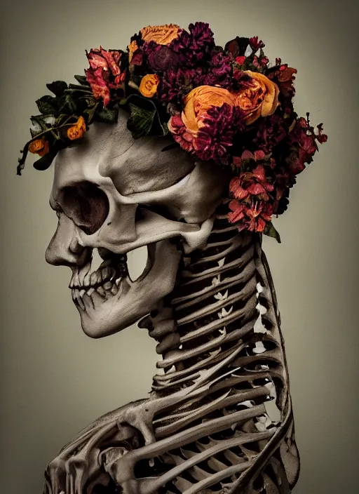 Image similar to a woman's face in profile, made of flowers skeleton, in the style of the Dutch masters and Gregory Crewdson, dark and moody