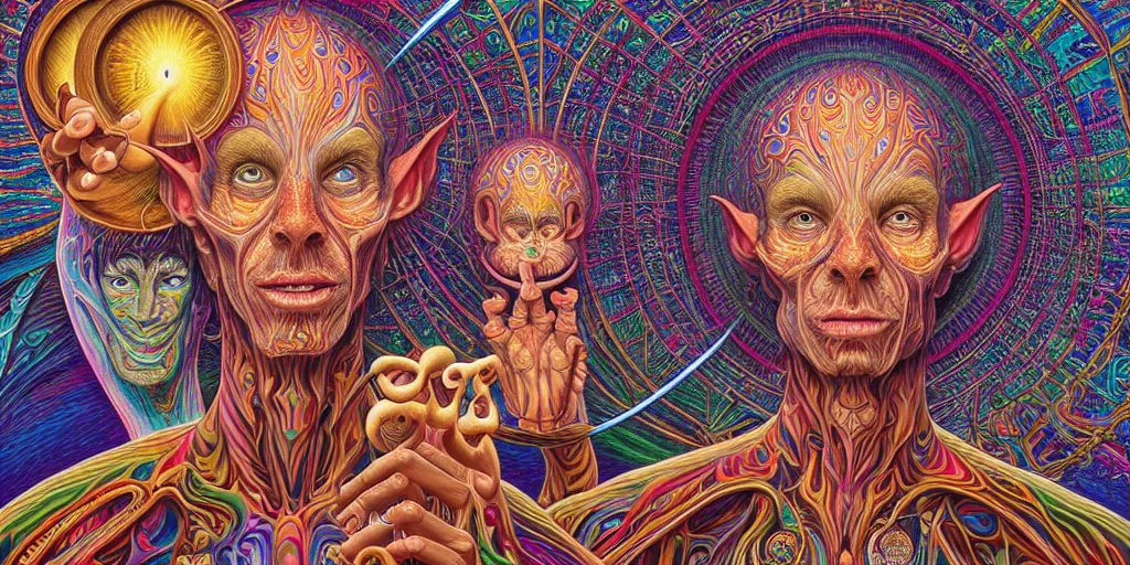 Image similar to hyper detailed portrait of a dmt time elf greeting a psychonaught, cathedral background, masterpiece composition, 8 k resolution, ultra fine illustration, alex grey, todd schorr, casey weldon, tokio aoyama, highly detailed,