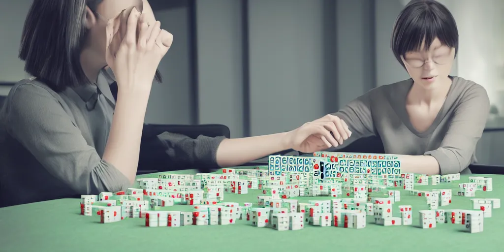 Image similar to mathematician playing mahjong against a female robot, [ photorealistic, octane render, 8 k, photography, intimate ]