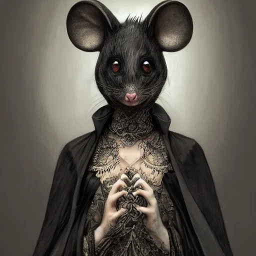 Image similar to a photograpic portrait of a anthropomorphic mouse wearing black clothes, black hair, grey skin, grey mouse ears, fantasy, intricate, elegant, highly detailed, digital painting, artstation, smooth, sharp focus, illustration, art by artgerm and H R Giger and alphonse mucha