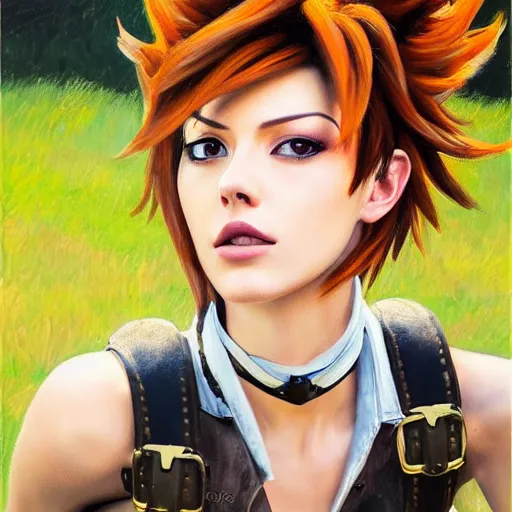 Image similar to oil painting of tracer overwatch in a field, in style of mark arian, expressive face, very detailed face, wearing leather choker, very detailed eyes, full body, feminine face, detailed makeup on eyes,