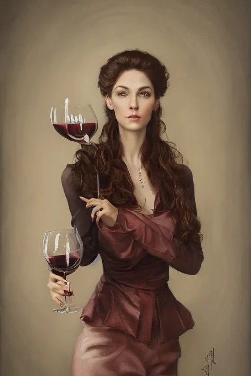 Image similar to a stunning ultra realistic fine art painting of a female wine expert , by tom bagshaw, studio portrait, muted colors, detailed hair, 4K