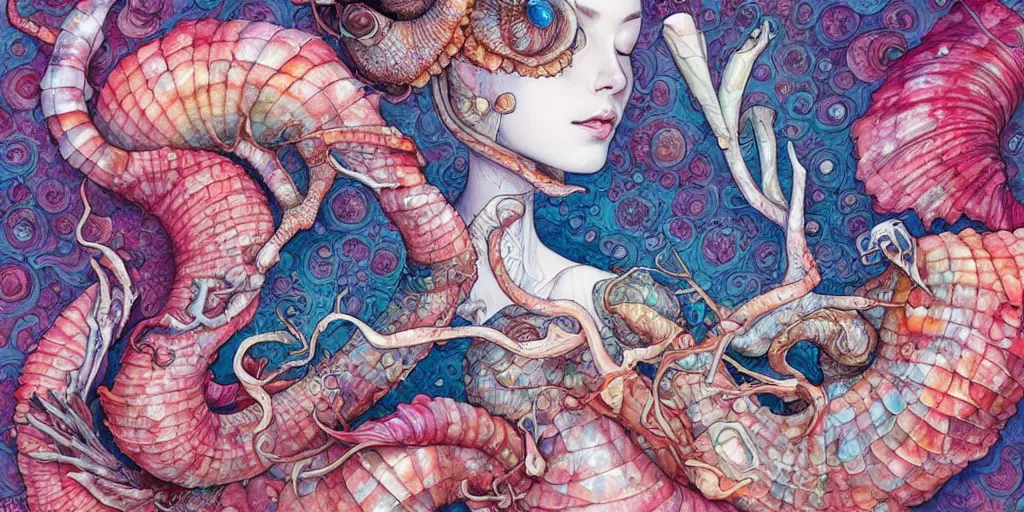 Prompt: hyper detailed conch shell, cool color palette + painterly + james jean by Kelly McKernan, yoshitaka Amano, hiroshi yoshida, moebius, loish, artgerm, gothic, inspired by dnd, grimdark aesthetic, painterly, symmetrical and detailed