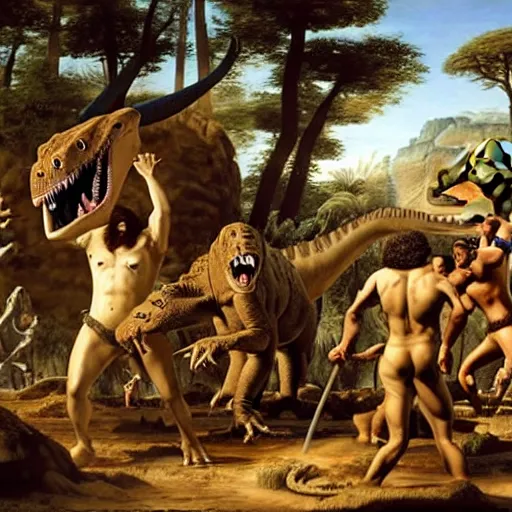 Prompt: A large dinosaur fighting with several realistic detailed cavemen with proportioned bodies, next to the dinosaur are cavemen, one caveman wearing animal furs is stabbing the dinosaur with his spear, one caveman wearing animal furs is cowering in fear, coarse canvas, visible brushstrokes, intricate, extremely detailed painting by Giorgione (and by Greg Rutkowski)