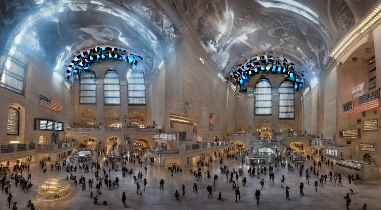 Image similar to a futuristic grand central station with portals and stargates to other worlds and times, by ridley scott, stunning atmosphere, high octane, cinematic lighting 4 k