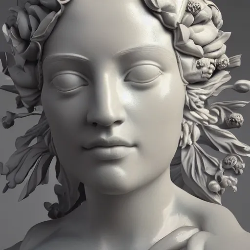 Prompt: Ultra detailed 3d render Macro of a marble statue, beautiful woman face, symmetrical composition, intricate thin details in gold, fantasy flowers and leaves, octane render, 8k, high quality, volumetric lighting, color grading